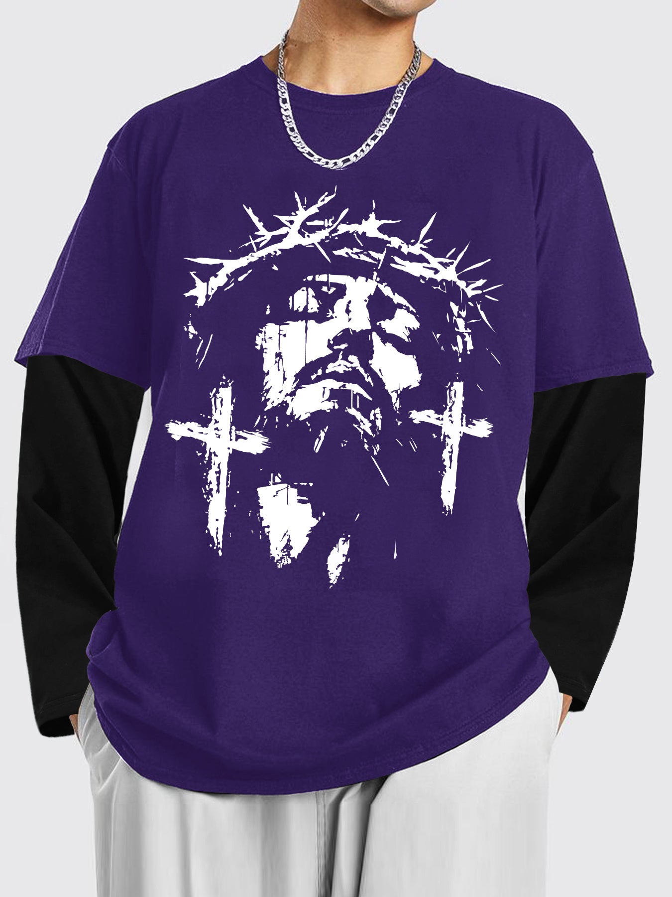 Men'S Contrasting Long-Sleeved T-Shirt with Jesus Portrait Print