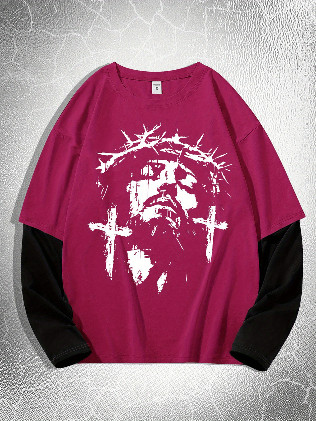Men'S Contrasting Long-Sleeved T-Shirt with Jesus Portrait Print