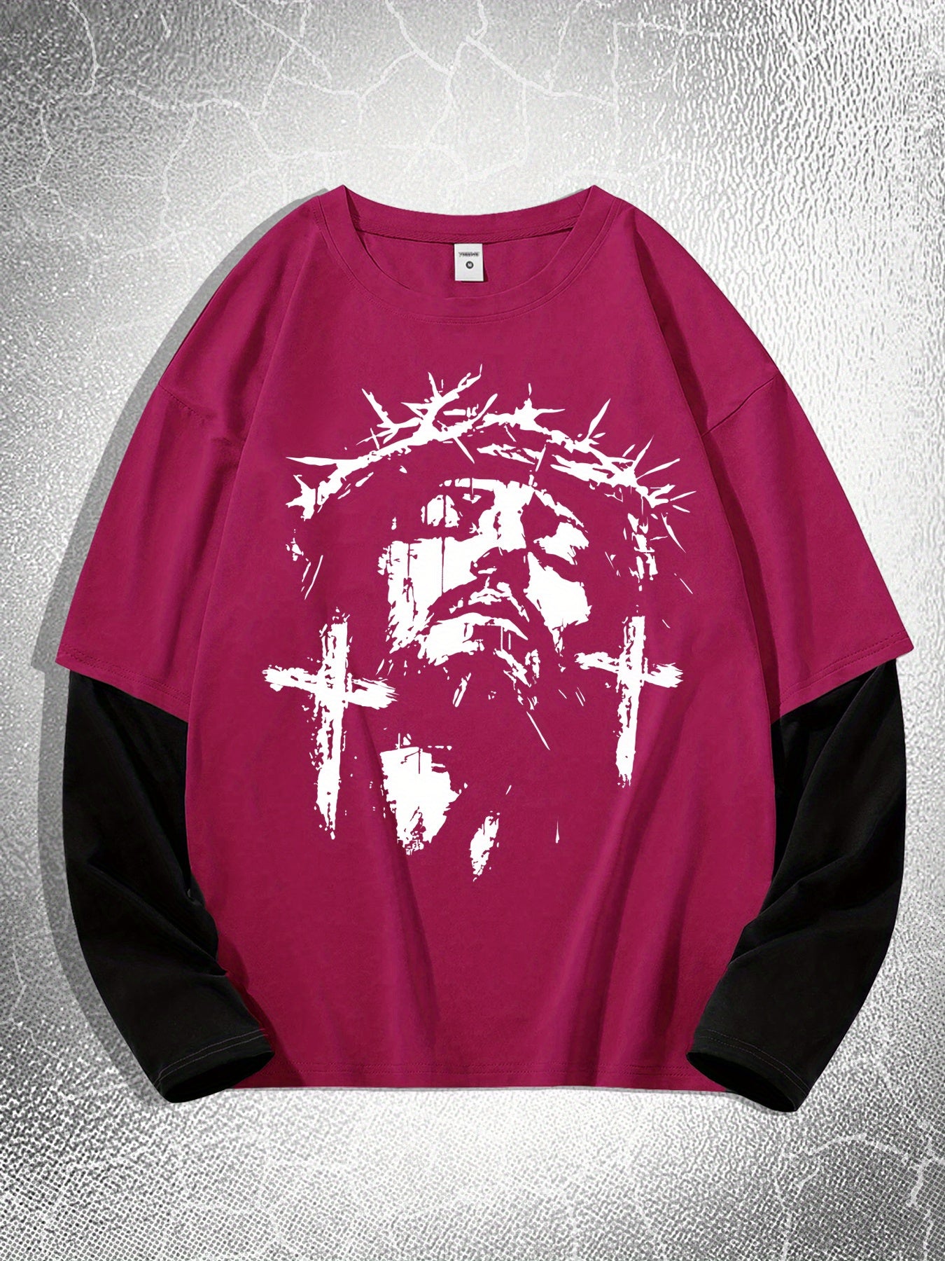 Men'S Contrasting Long-Sleeved T-Shirt with Jesus Portrait Print
