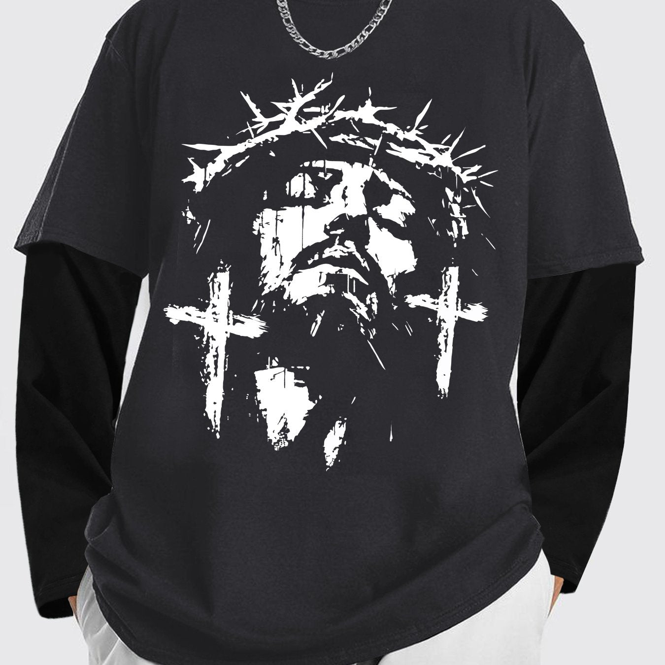 Men'S Contrasting Long-Sleeved T-Shirt with Jesus Portrait Print