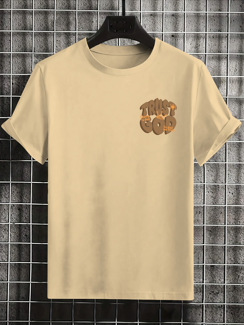 Men's Summer Casual Short Sleeve T-Shirt with Inspirational Bible Verse Print (Proverbs 3:5-6) - Light Beige Regular Fit Round Neck Tee, Machine Washable Faith-Based Apparel, Everyday Tee, Bold Lettering, Durable Tee, Print S