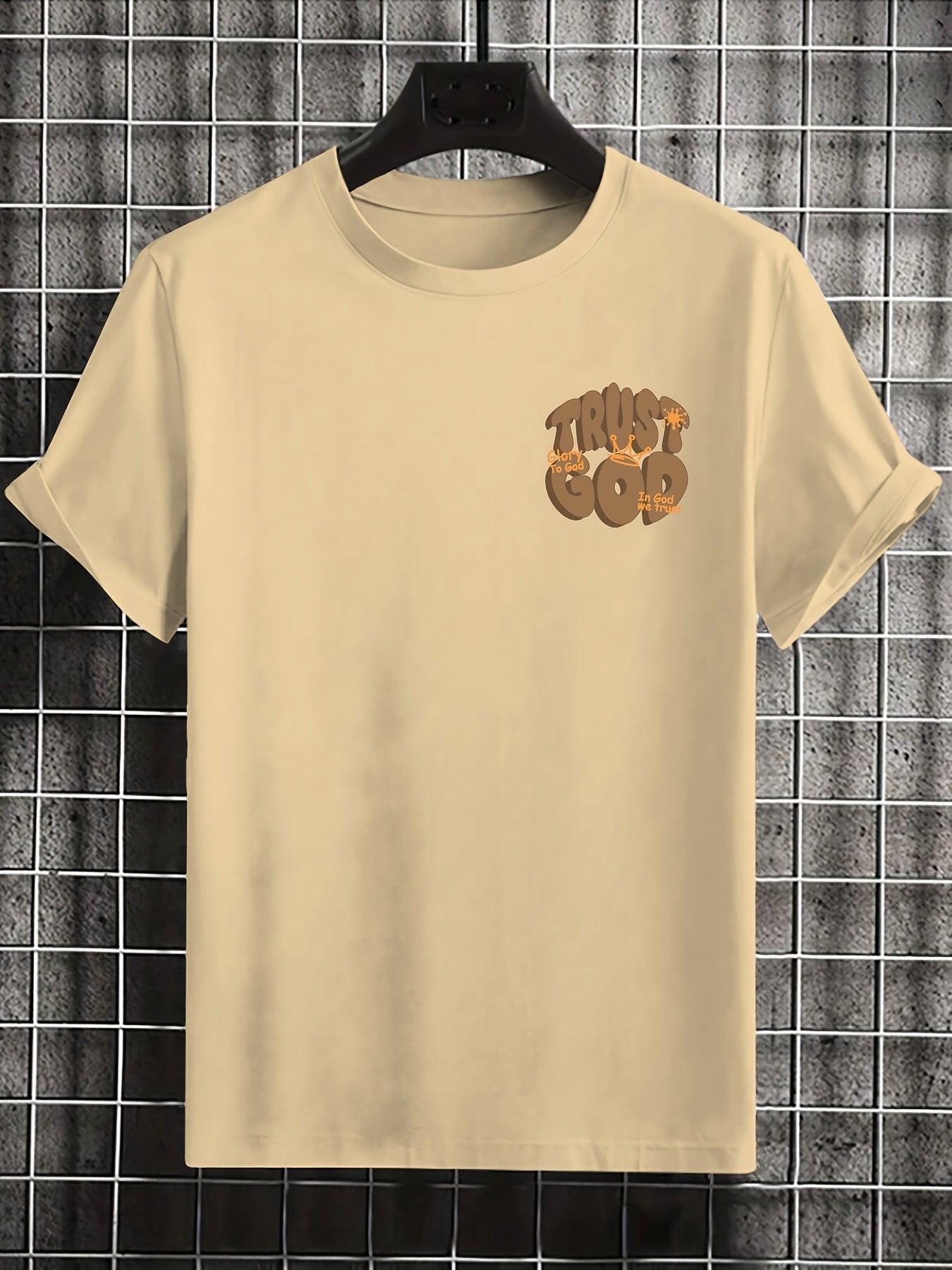 Men's Summer Casual Short Sleeve T-Shirt with Inspirational Bible Verse Print (Proverbs 3:5-6) - Light Beige Regular Fit Round Neck Tee, Machine Washable Faith-Based Apparel, Everyday Tee, Bold Lettering, Durable Tee, Print S