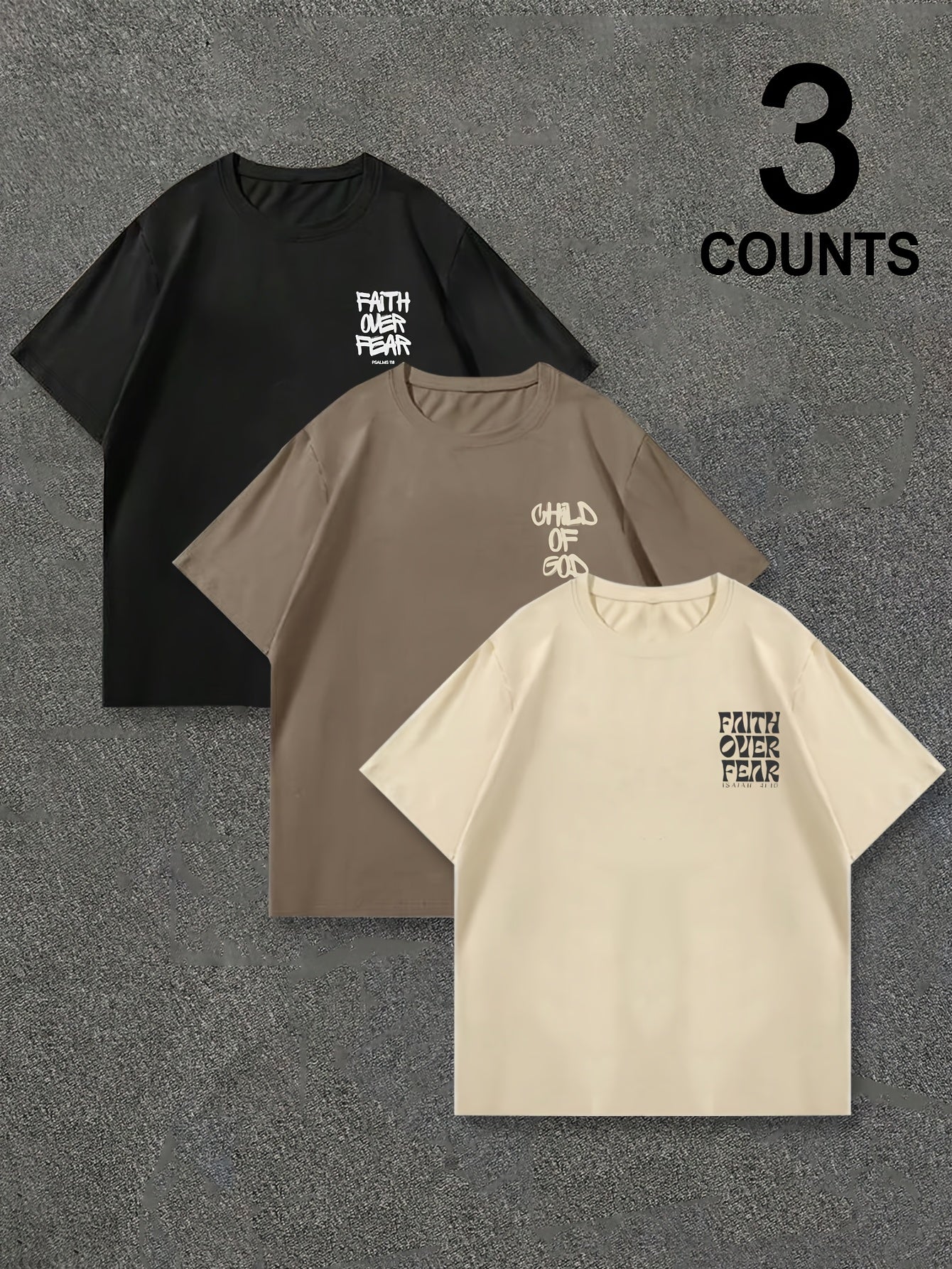 Men'S Casual Summer T-Shirt Set - "Faith Over Fear" Print, Short Sleeve, Round Neck, Lightweight Knit Fabric, Perfect for Outdoor Activities, Casual Sportswear|Motivational Print|Comfortable Fit, PLUS SIZE